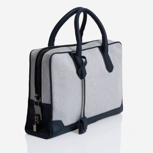 Slim Briefcase Canvas & Navy Blue Taurillon