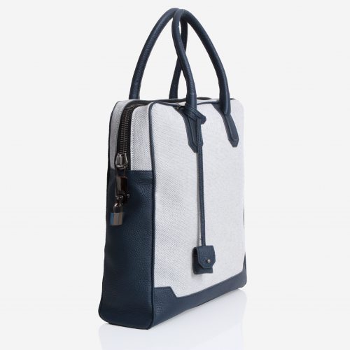 Tote Bag in Canvas & Navy Blue taurillon